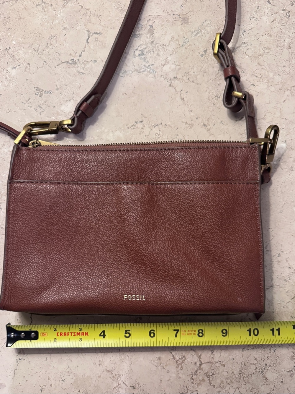 Fossil Leather Crossbody Bag, Cognac Brown, Pebbled Leather, with Brass Hardware - Picture 10 of 13